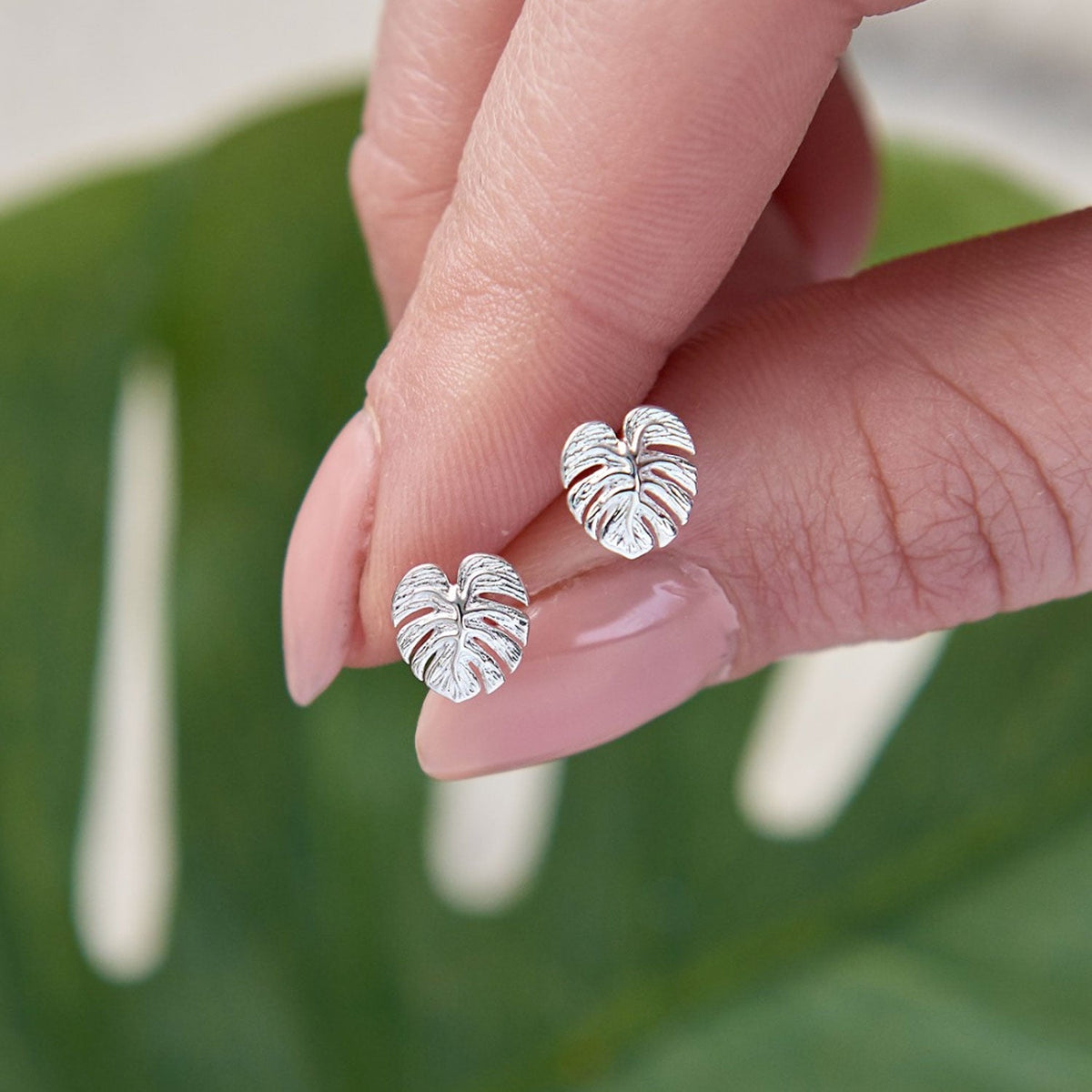 Silver stud earrings featuring a detailed monstera palm leaf design by Scarlett Jewellery.