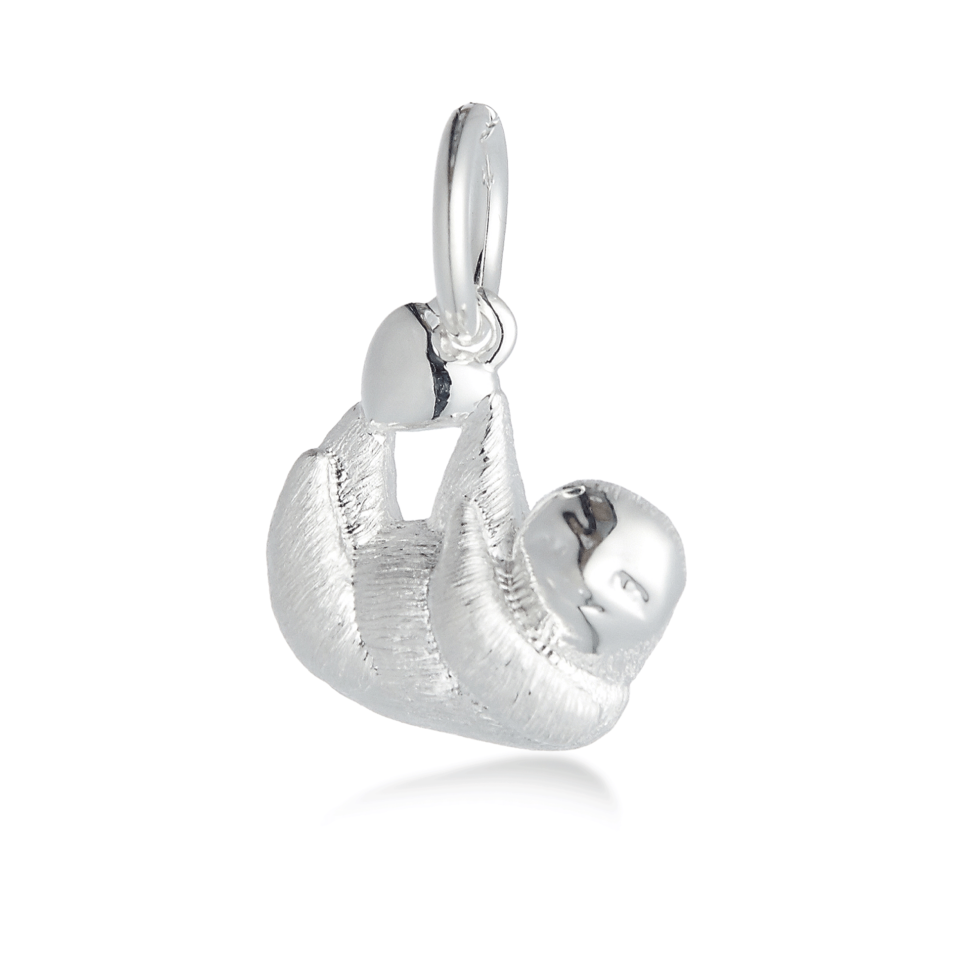 A silver sloth charm shaped like a small hanging pendant by Scarlett Jewellery.