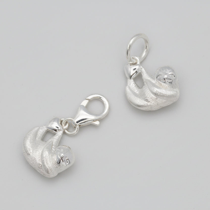 Sloth silver charm with detailed texture, small and delicate, by Scarlett Jewellery.