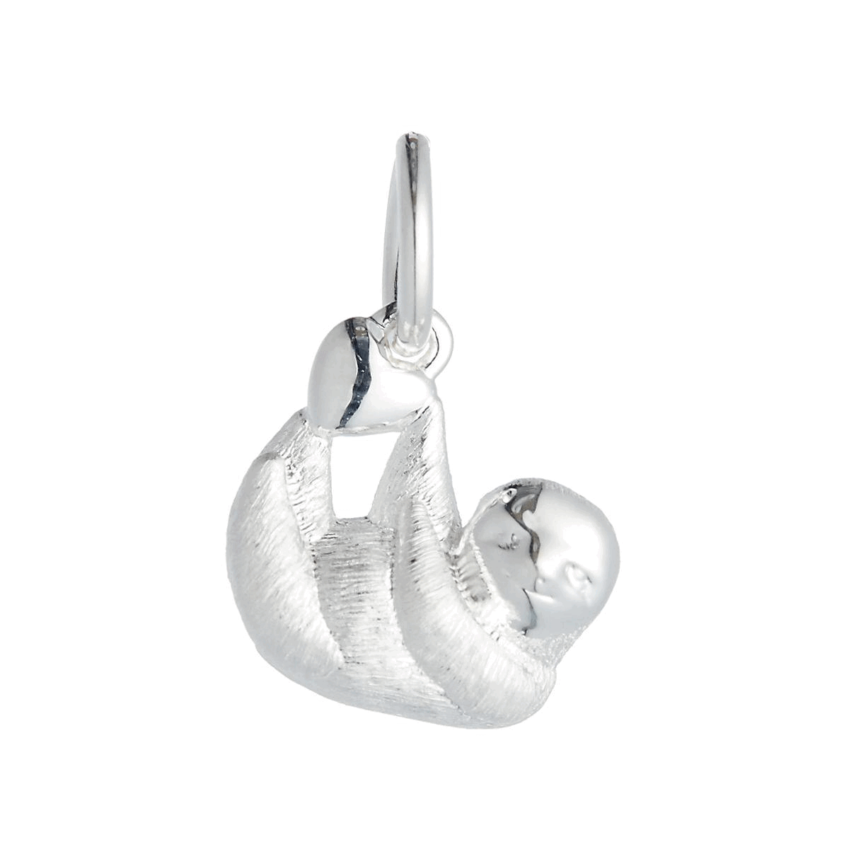 A silver sloth charm shaped like a small hanging pendant by Scarlett Jewellery.