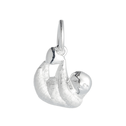 A silver sloth charm shaped like a small hanging pendant by Scarlett Jewellery.