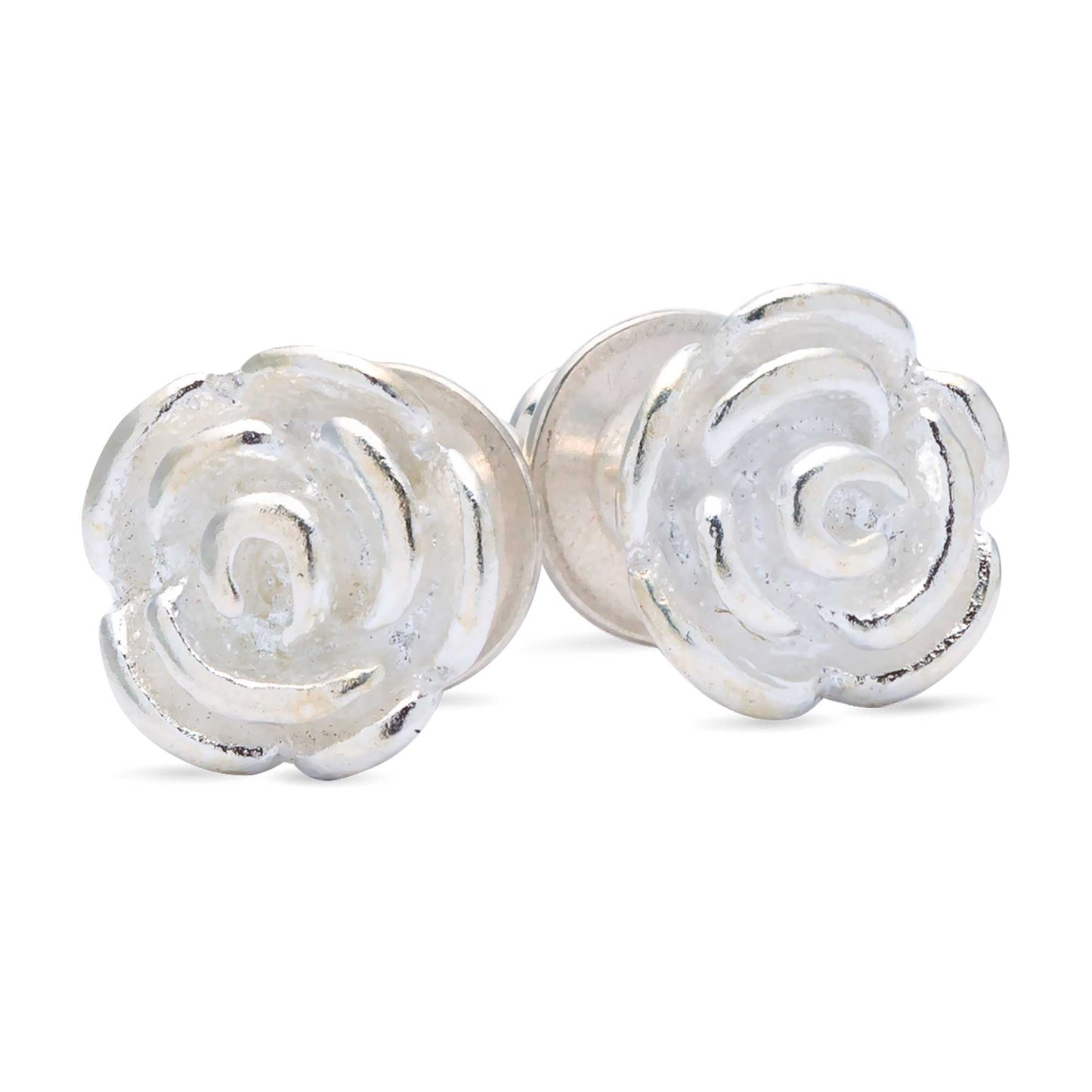 Silver rose flower stud earrings with detailed petal texture by Scarlett Jewellery.