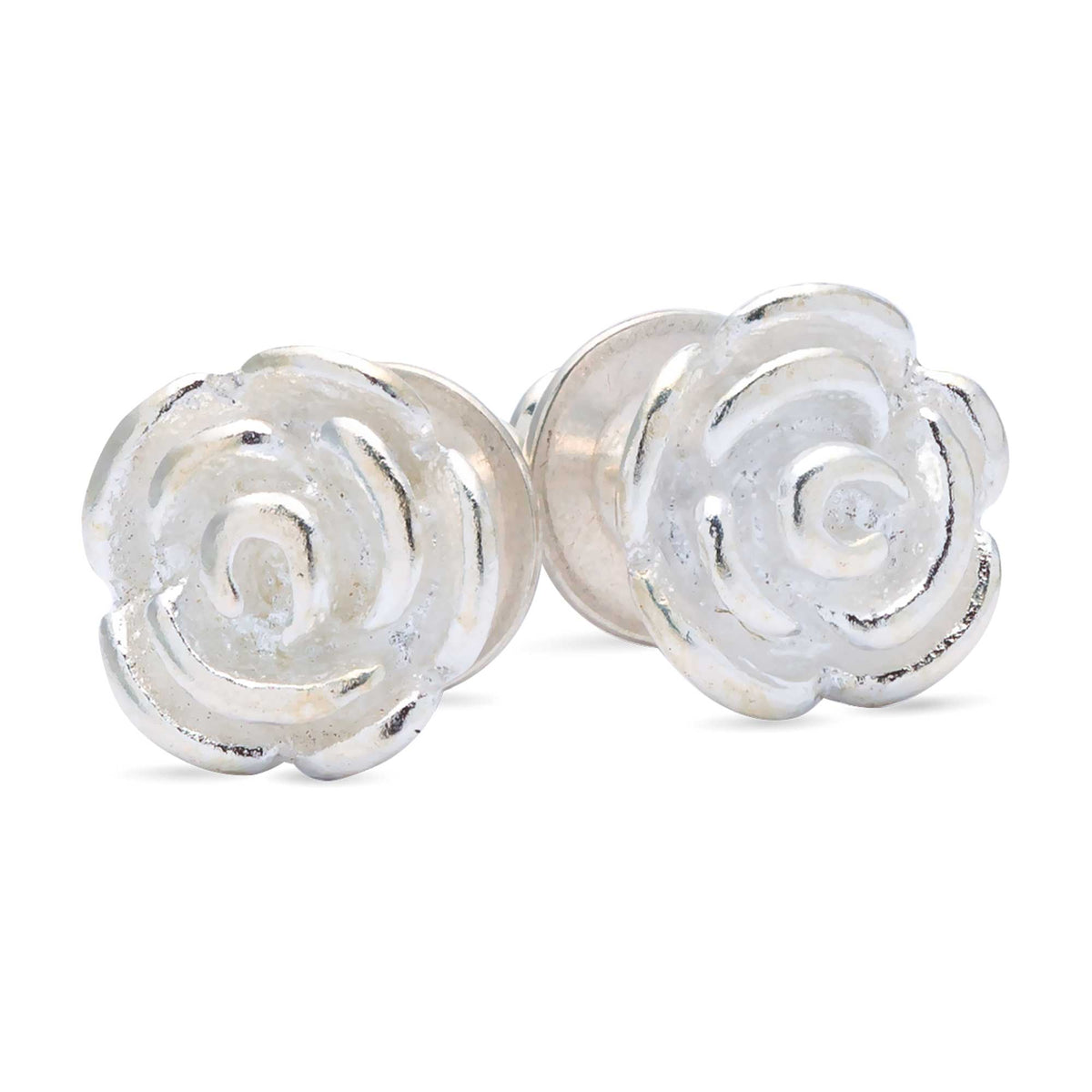 Silver rose flower stud earrings with detailed petal texture by Scarlett Jewellery.