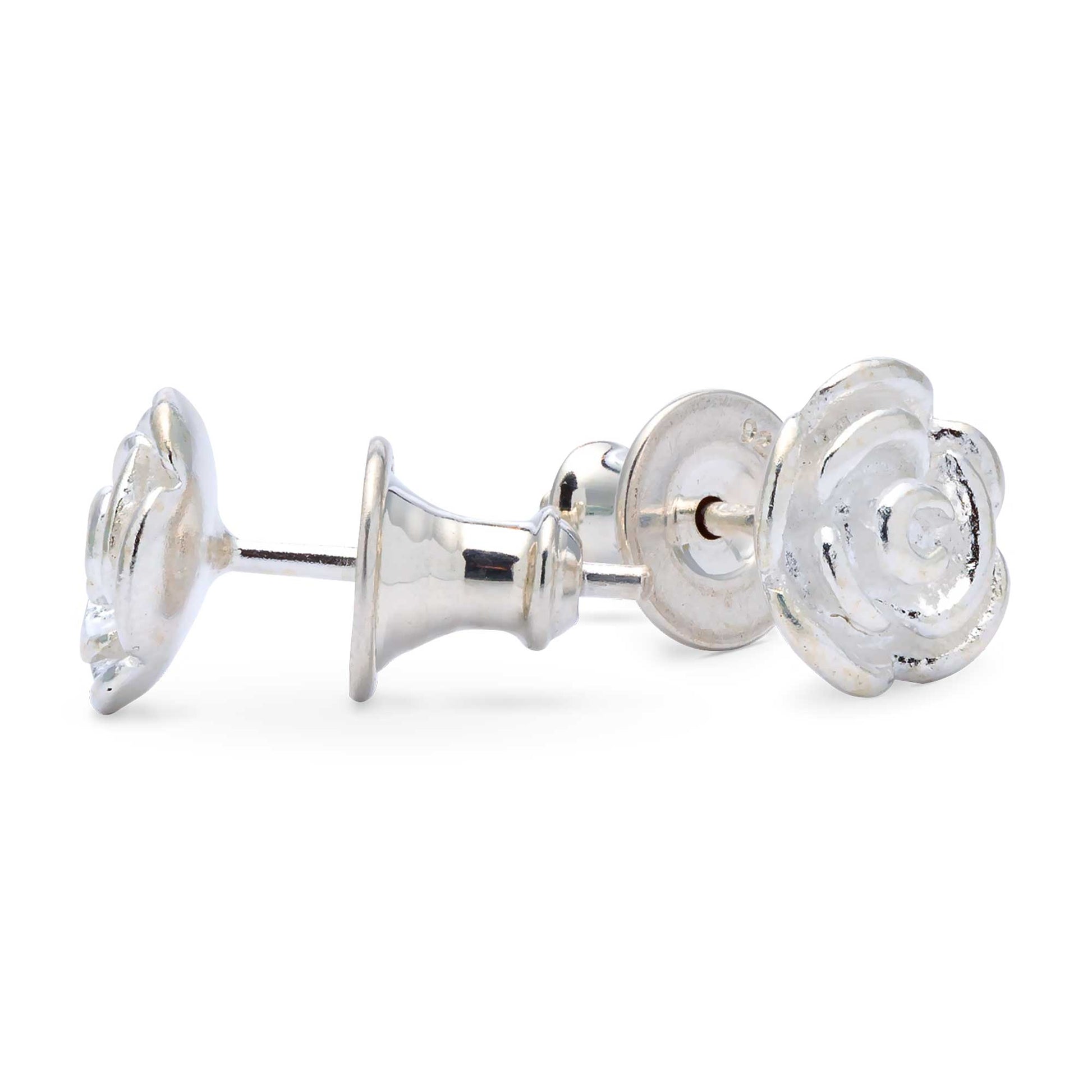 Rose flower silver stud earrings with detailed petal texture by Scarlett Jewellery.