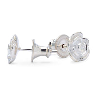 Rose flower silver stud earrings with detailed petal texture by Scarlett Jewellery.