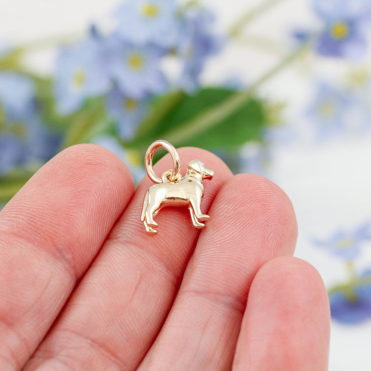 A silver Labrador dog charm with detailed texture, shown against a soft background, by Scarlett Jewellery.