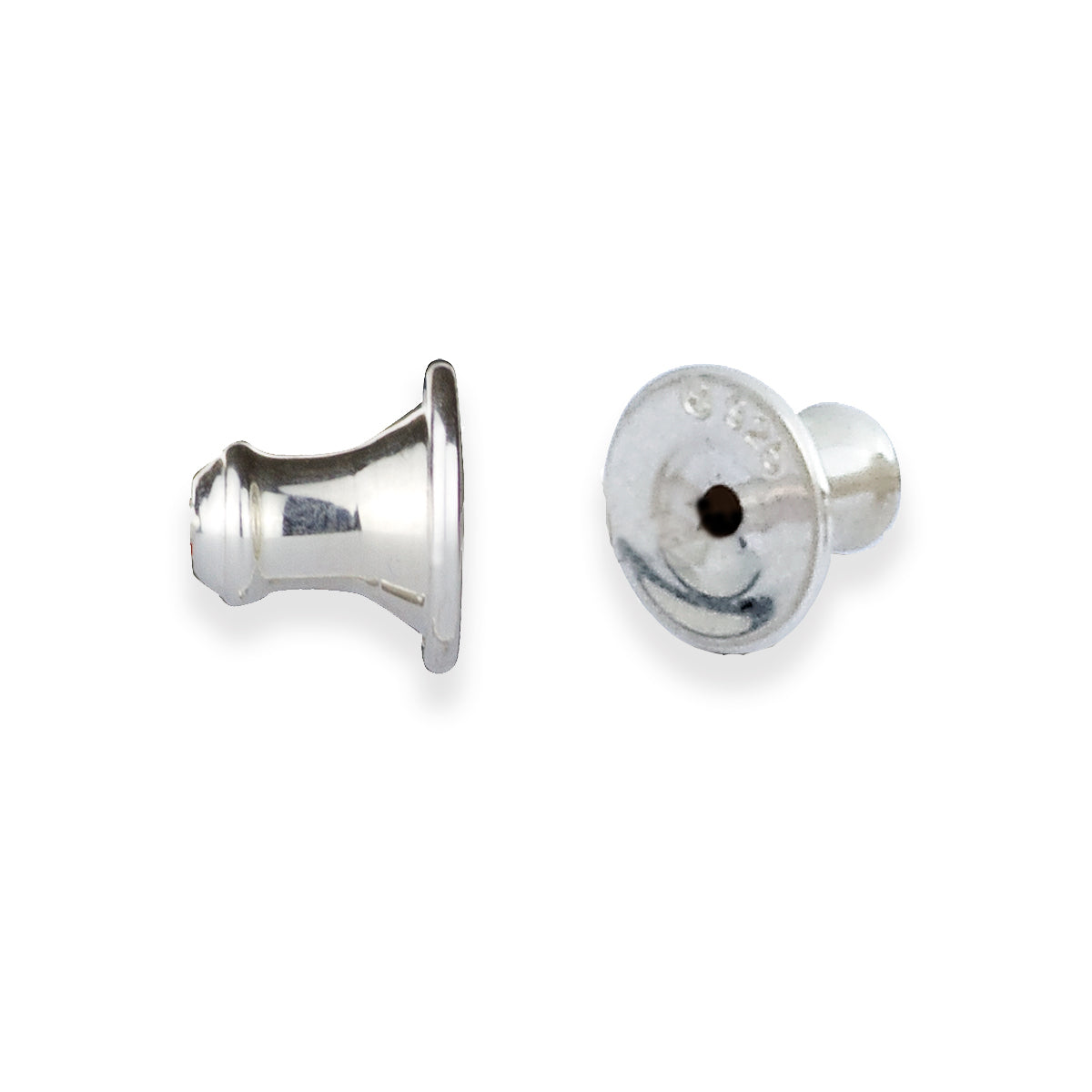 Silver bell-shaped earring backs with a polished finish by Scarlett Jewellery