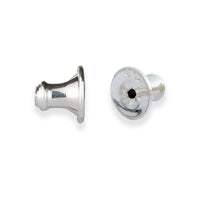 Silver bell-shaped earring backs with a polished finish by Scarlett Jewellery