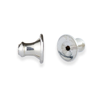 Silver bell-shaped earring backs with a polished finish by Scarlett Jewellery