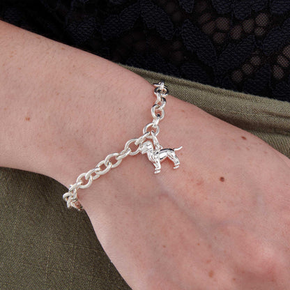 Silver Staffordshire Bull Terrier dog charm by Scarlett Jewellery displayed on a silver chain