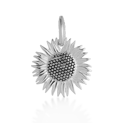 Sunflower silver charm with intricate floral details by Scarlett Jewellery.