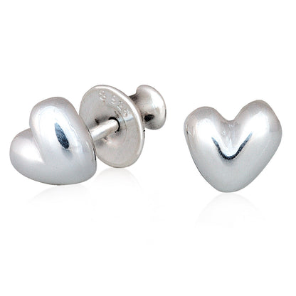 Sweetheart silver stud earrings with delicate heart design, close-up shot by Scarlett Jewellery.
