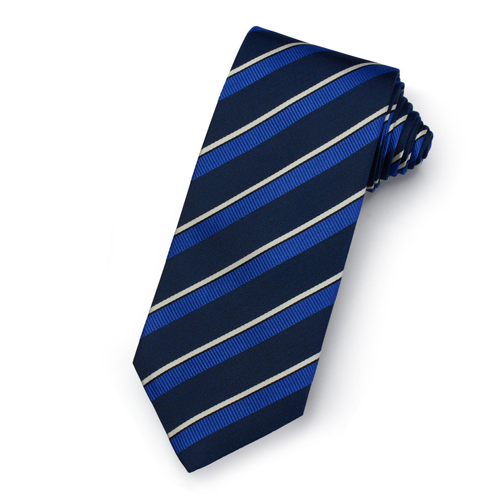 A navy blue silk stripe tie with a subtle pattern, worn around a collar, by Benson & Clegg.