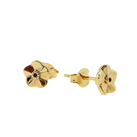 Tiny gold vermeil stud earrings with a delicate forget-me-not design by Scarlett Jewellery.