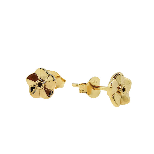 Tiny gold vermeil stud earrings with a delicate forget-me-not design by Scarlett Jewellery.