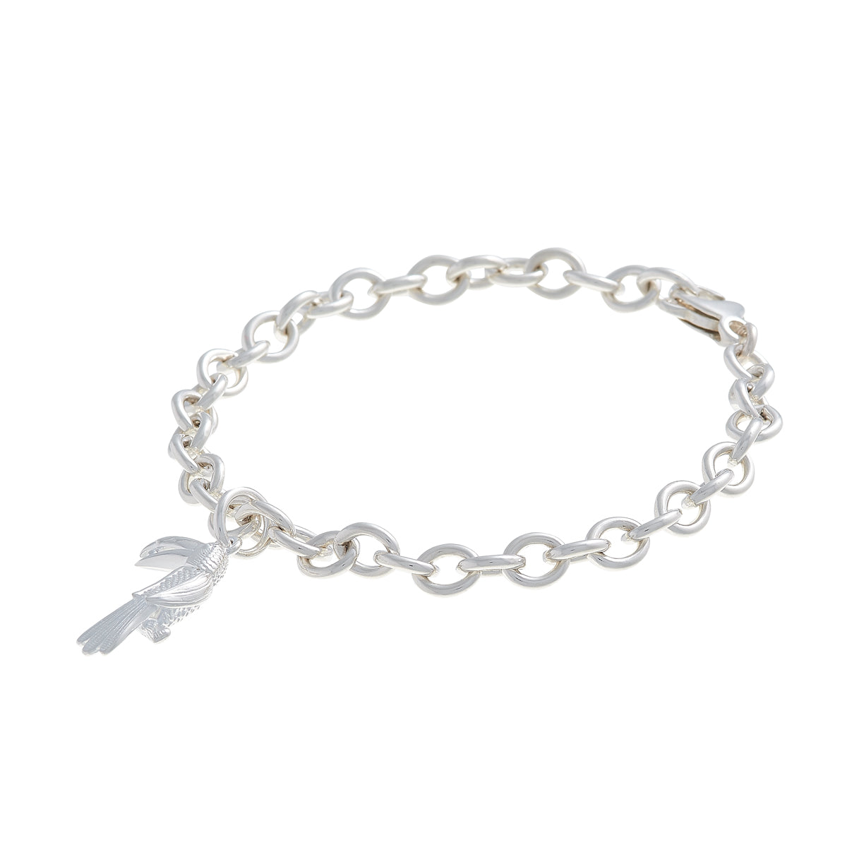 A silver toucan parrot charm with detailed feather texture, displayed on a white background by Scarlett Jewellery.