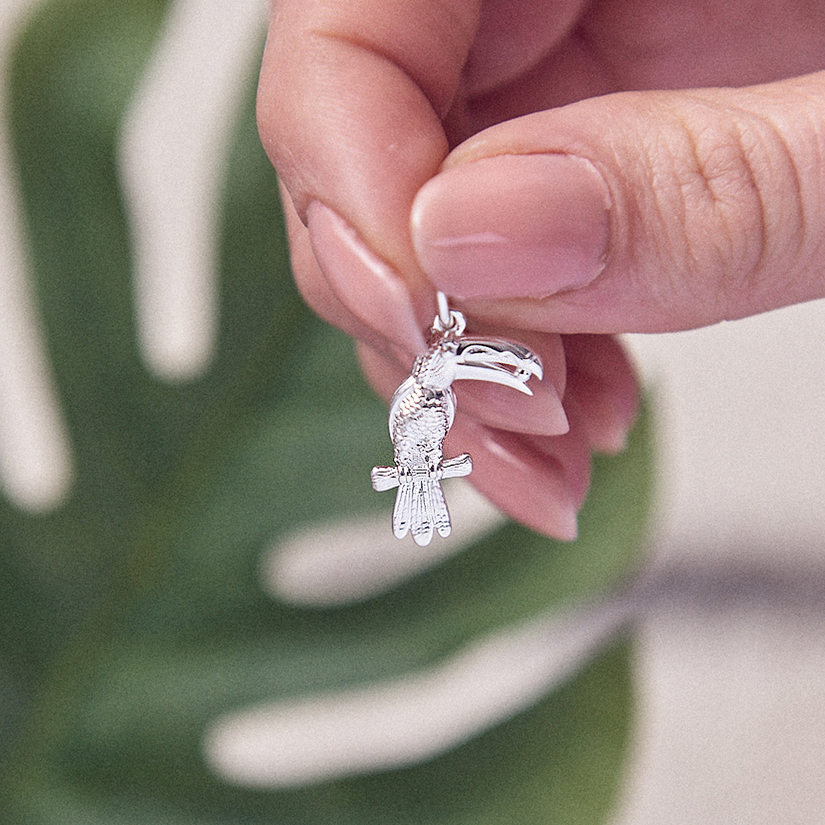 Silver toucan parrot charm with intricate detailing, displayed on a soft velvet background by Scarlett Jewellery.