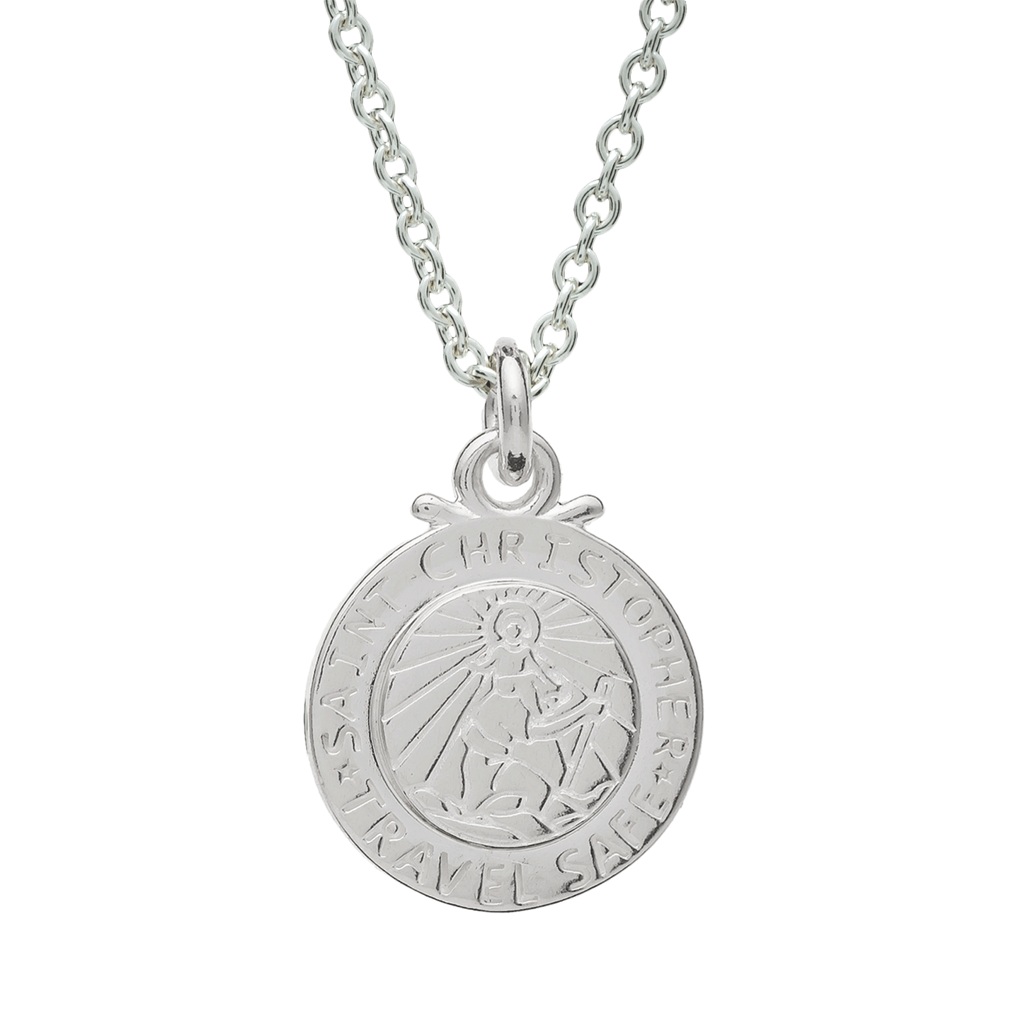 Silver St Christopher pendant on a chain with personalized engraving, styled on a wooden table.