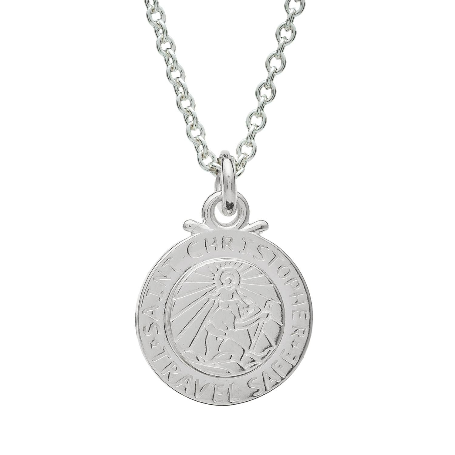Silver St Christopher pendant on a chain with personalized engraving, styled on a wooden table.