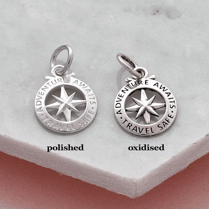 Travel Safe Outline Compass Silver Charm Scarlett Jewellery