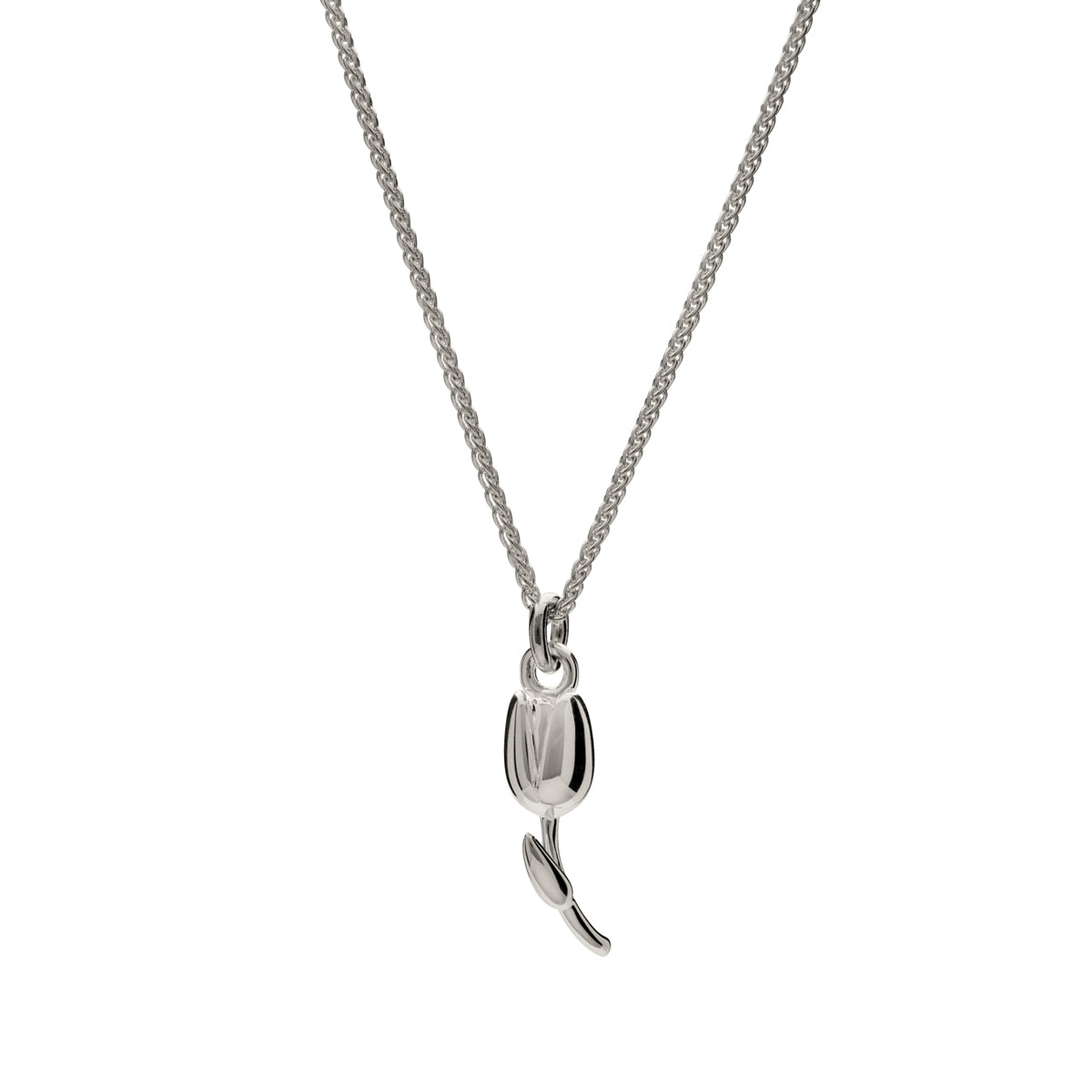 A silver tulip flower charm with intricate detailing, displayed on a soft white background, by Scarlett Jewellery.