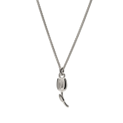 A silver tulip flower charm with intricate detailing, displayed on a soft white background, by Scarlett Jewellery.
