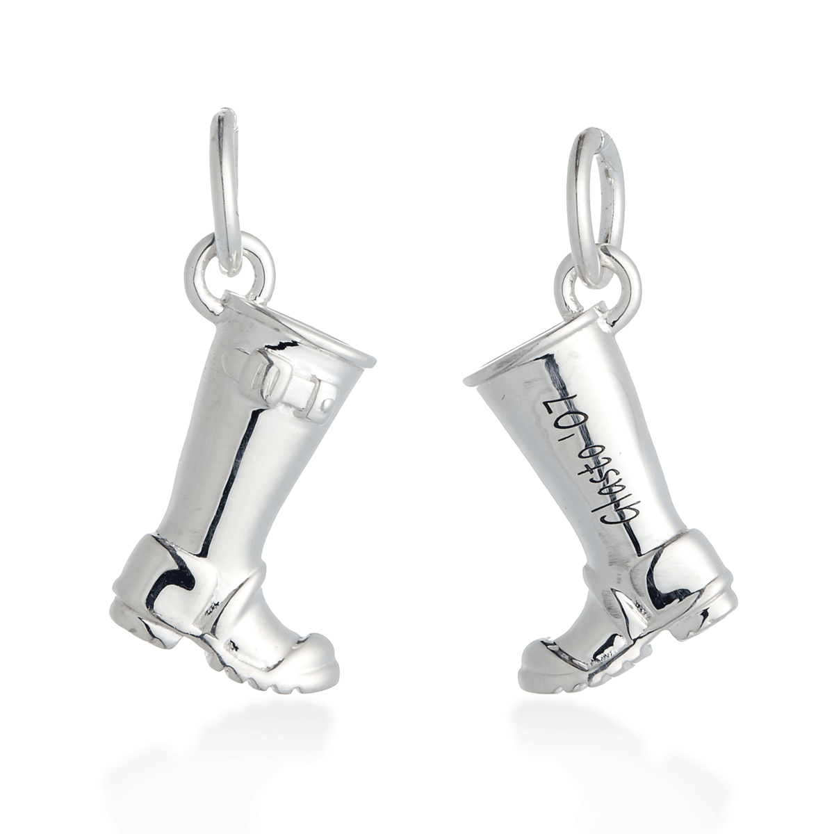 Silver charm with personalized engraving on a welly boot by Scarlett Jewellery.