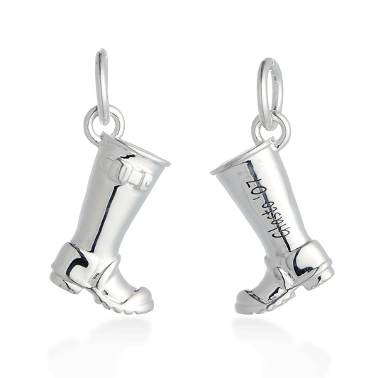 Silver charm with personalized engraving on a welly boot by Scarlett Jewellery.