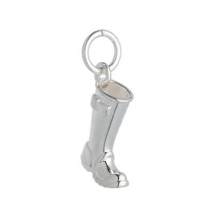 Silver charm with personalized engraving on a welly boot by Scarlett Jewellery.