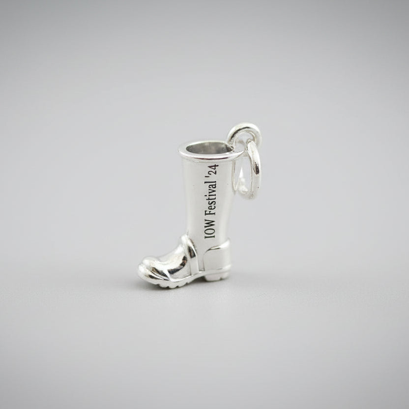 Silver charm with personalized engraving on a welly boot by Scarlett Jewellery.