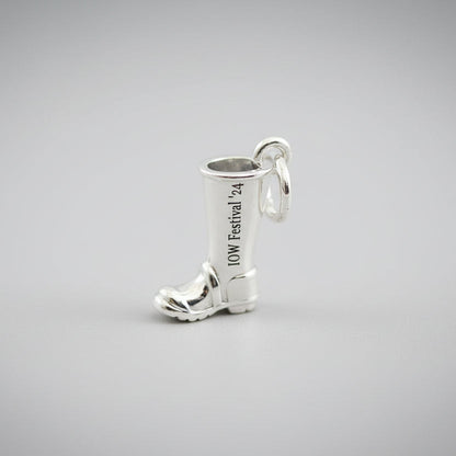 Silver charm with personalized engraving on a welly boot by Scarlett Jewellery.