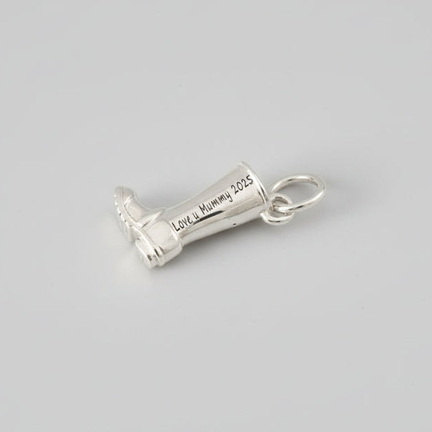 Silver welly boot with a personalized silver charm by Scarlett Jewellery.
