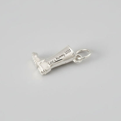 Silver welly boot with a personalized silver charm by Scarlett Jewellery.