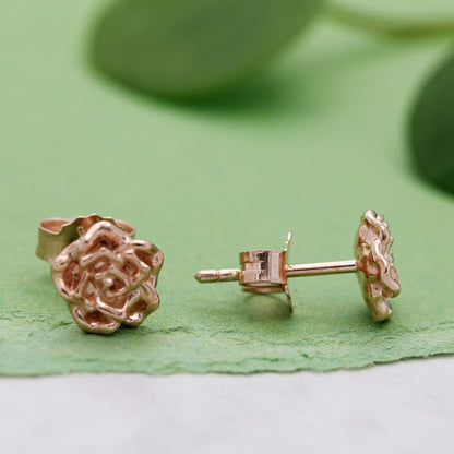 Wild rose gold vermeil silver stud earrings with delicate floral detailing by Scarlett Jewellery.