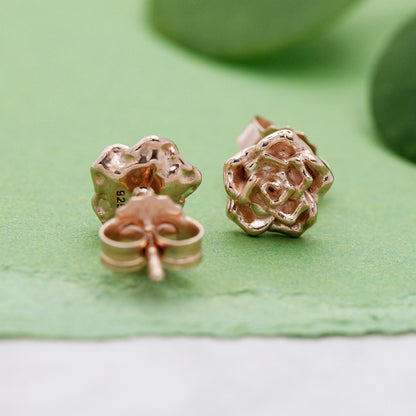 Wild rose gold vermeil silver stud earrings with delicate floral details by Scarlett Jewellery.