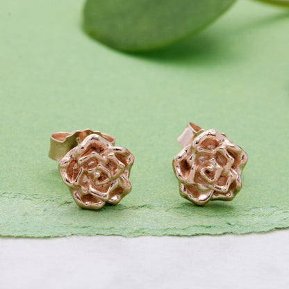 Wild rose gold vermeil silver stud earrings with delicate floral detailing by Scarlett Jewellery.