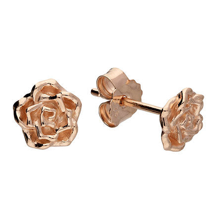 Wild rose gold vermeil silver stud earrings with delicate floral detailing by Scarlett Jewellery.